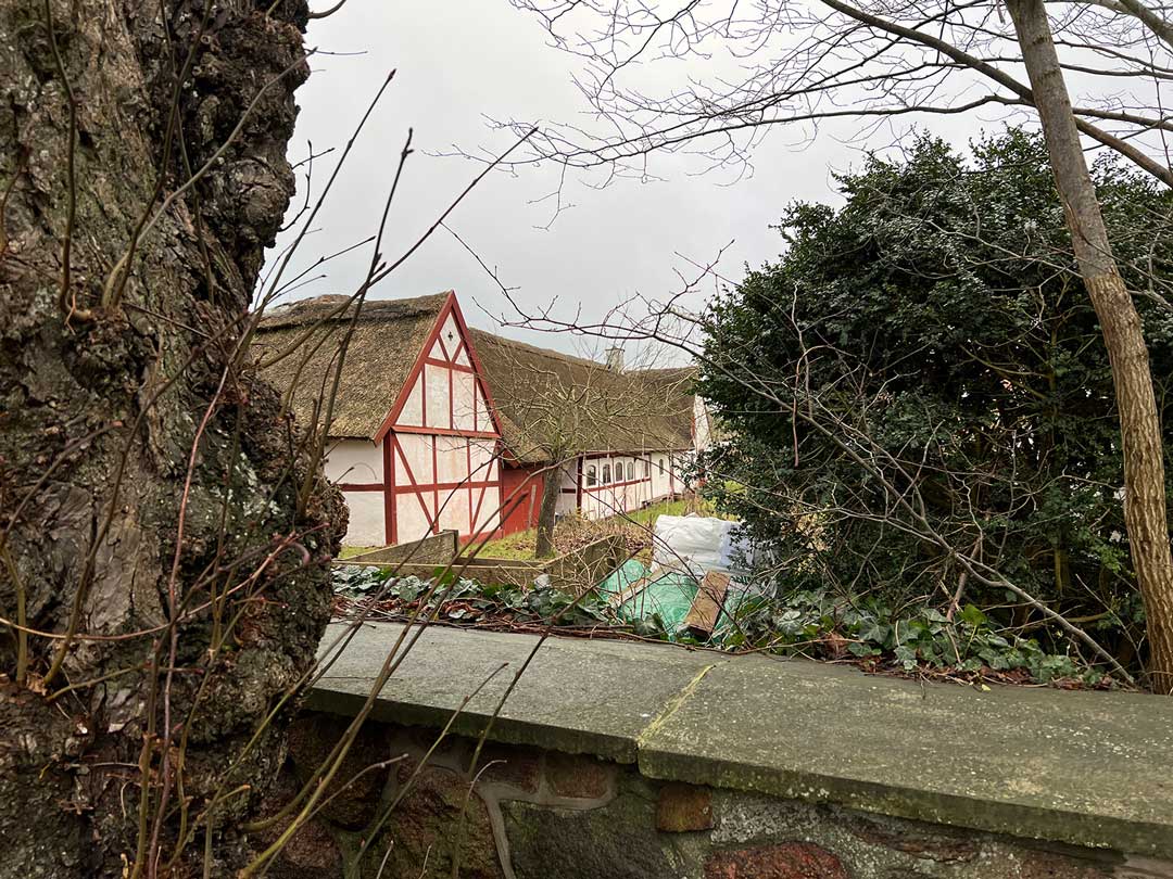 Bygården set indefra Allerslev Kirke. Til venstre ses et af de gamle træer, der står endnu. 
